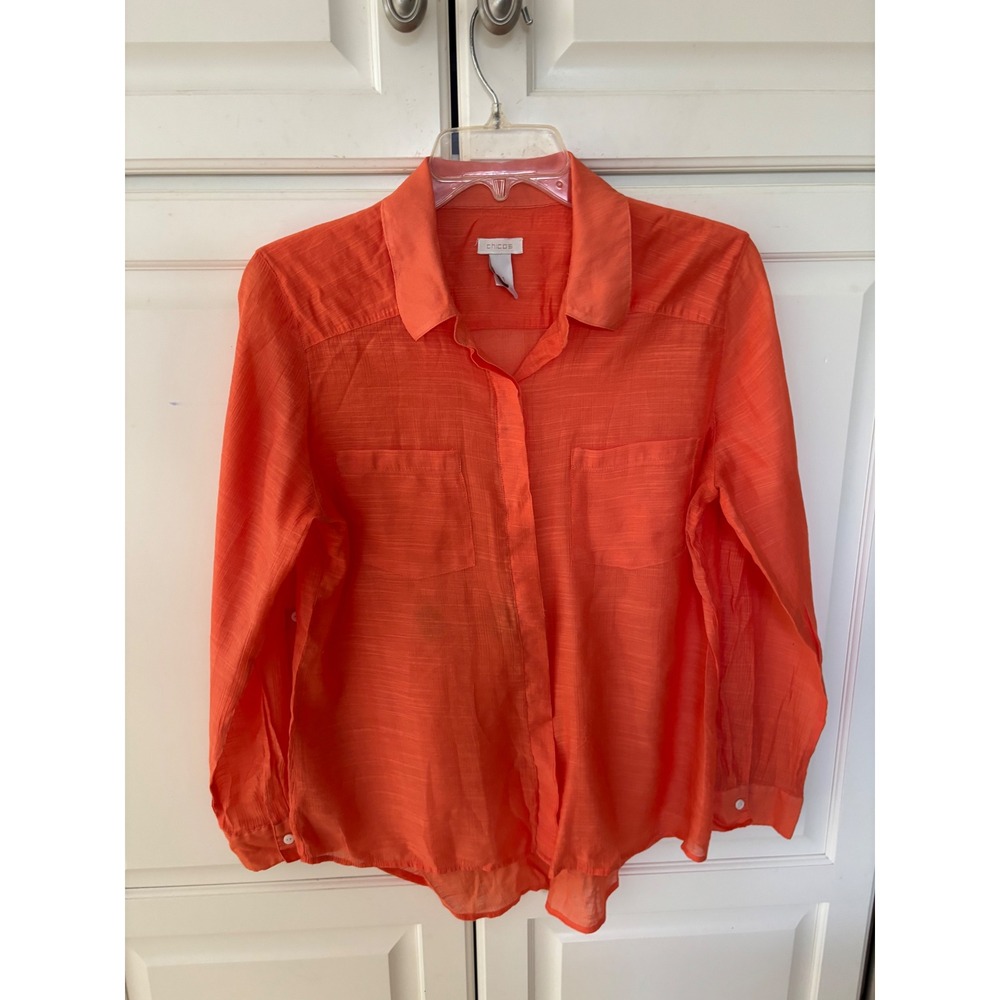 Chicos Womens Orange Long Sleeve Button Down Shirt Size M Slub Texture Pockets